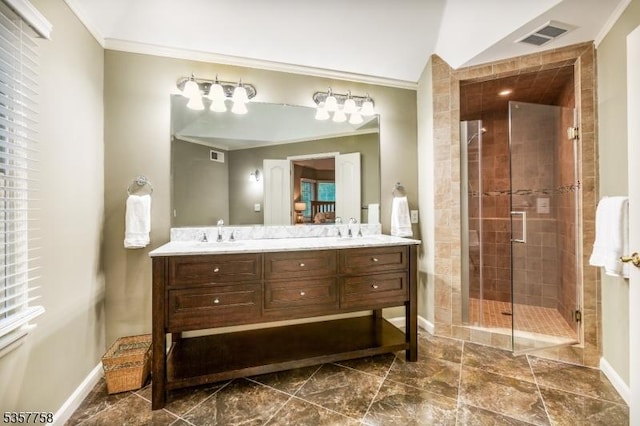 8 Sevell Cir Unit 8, Clark Twp, NJ 07066 - bathroom with crown molding, a stall shower, baseboards, and double vanity