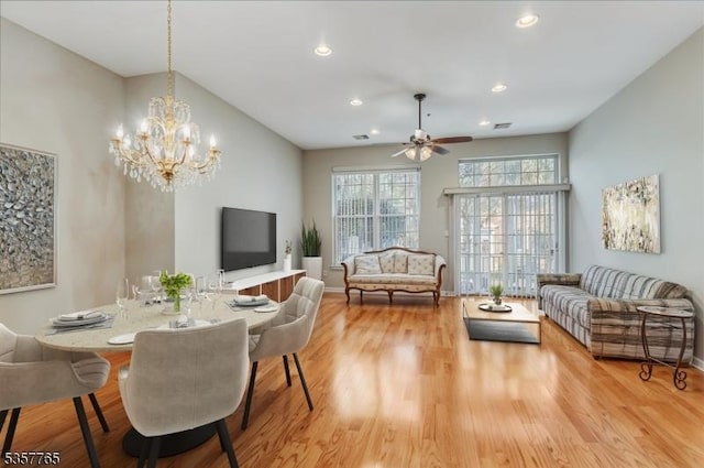 1302 Four Seasons Dr, Wayne Twp, NJ 07470 - dining room with wood finished floors, recessed lighting, a ceiling fan, a chandelier, and baseboards