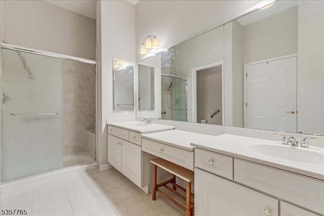 1302 Four Seasons Dr, Wayne Twp, NJ 07470 - bathroom with a stall shower, tile patterned floors, and double vanity