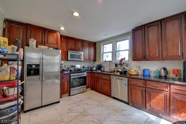 111 Long Hill Rd, Little Falls Twp, NJ 07424 - kitchen with appliances with stainless steel finishes, light marble finish floors, decorative backsplash, recessed lighting, and dark stone counters