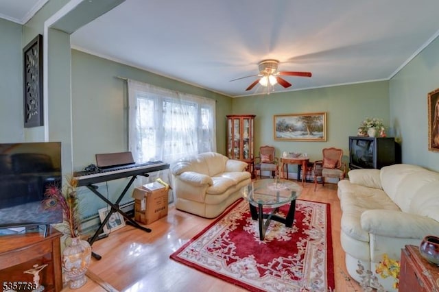 111 Long Hill Rd, Little Falls Twp, NJ 07424 - living area with wood finished floors, ceiling fan, and crown molding