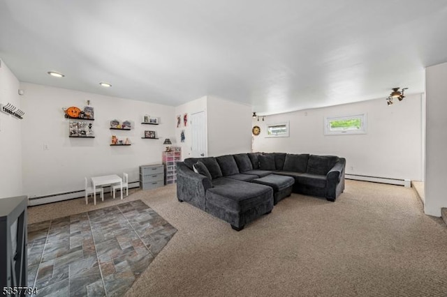 40 Laura Ave, Nutley Twp, NJ 07110 - living room featuring a baseboard radiator, carpet, and recessed lighting