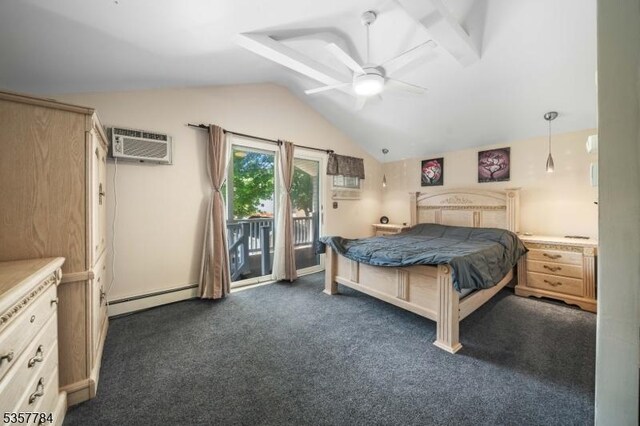 40 Laura Ave, Nutley Twp, NJ 07110 - bedroom with a baseboard radiator, access to exterior, a wall mounted air conditioner, lofted ceiling, and dark carpet