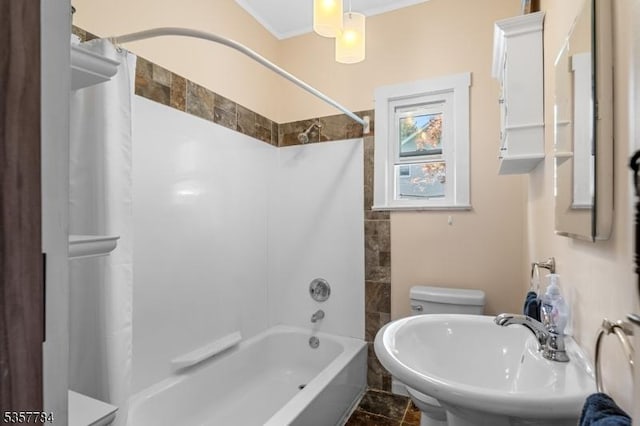 40 Laura Ave, Nutley Twp, NJ 07110 - full bathroom with a sink, ornamental molding, and shower / bathtub combination with curtain