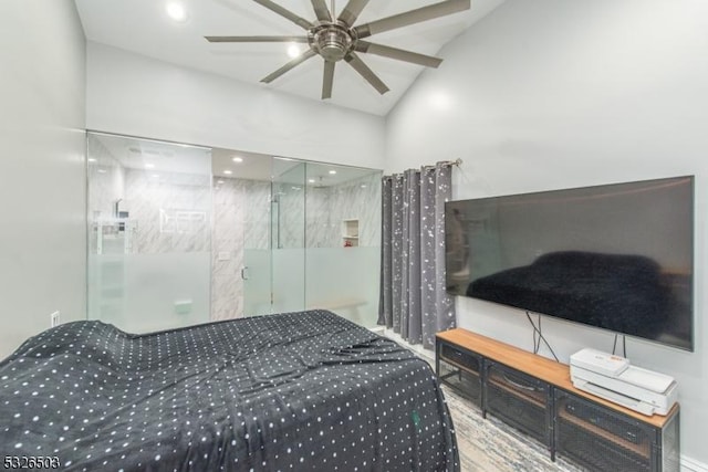 bedroom with vaulted ceiling and recessed lighting