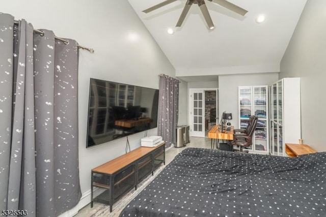 bedroom featuring high vaulted ceiling, recessed lighting, and a ceiling fan