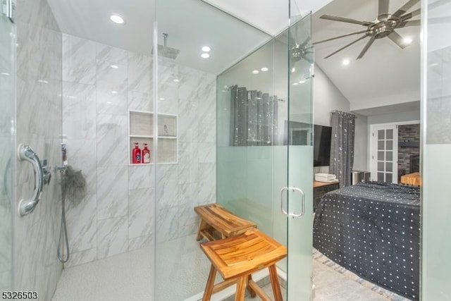 full bathroom featuring a stall shower, recessed lighting, and a ceiling fan