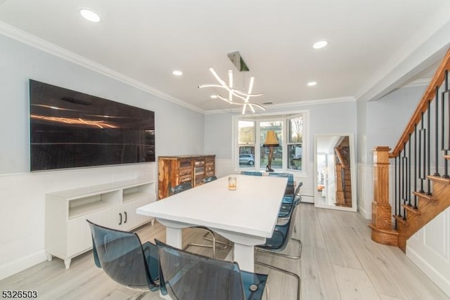 dining space with stairway, light wood-style floors, crown molding, and recessed lighting