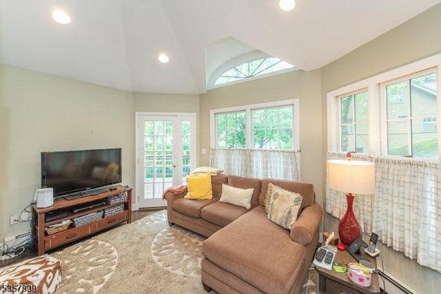 living room featuring recessed lighting, a baseboard radiator, vaulted ceiling, and wood finished floors