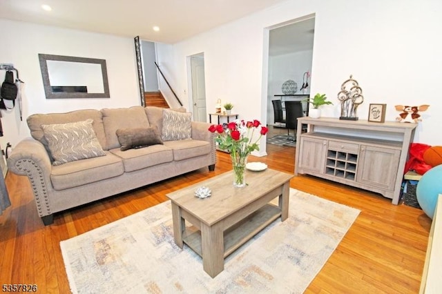 95 Richard St, Rockaway Twp, NJ 07801 - living area with stairway, light wood-type flooring, and recessed lighting