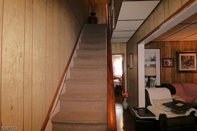 stairway with wood walls
