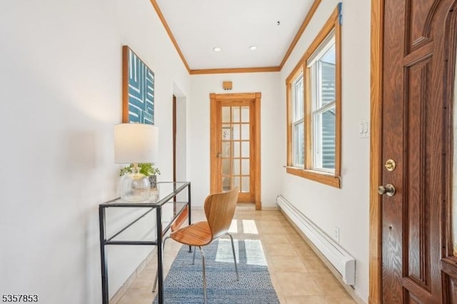 doorway to outside featuring a baseboard radiator, crown molding, and light tile patterned flooring
