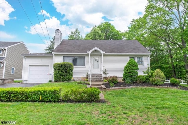 25 Pequannock Ave, Pequannock Twp, NJ 07440 - view of front of house featuring an attached garage, entry steps, a front yard, a chimney, and asphalt driveway