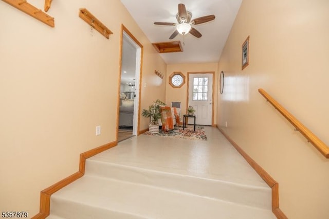 7 Winslow Ave, East Brunswick Twp, NJ 08816 - stairs with a ceiling fan, vaulted ceiling, and baseboards