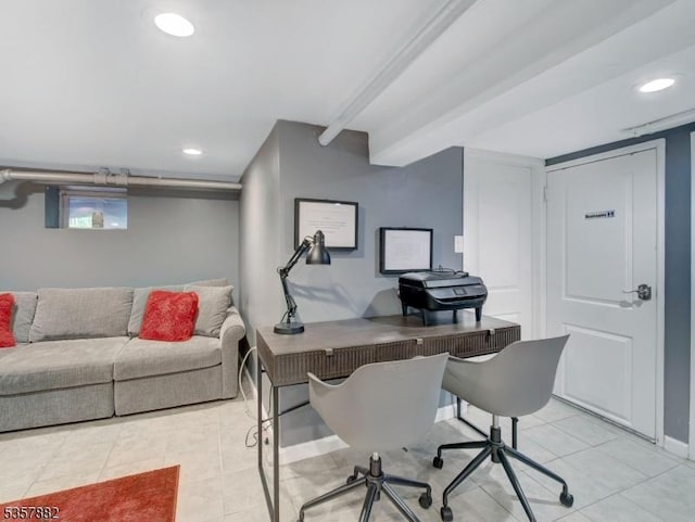 home office with light tile patterned floors, recessed lighting, and baseboards