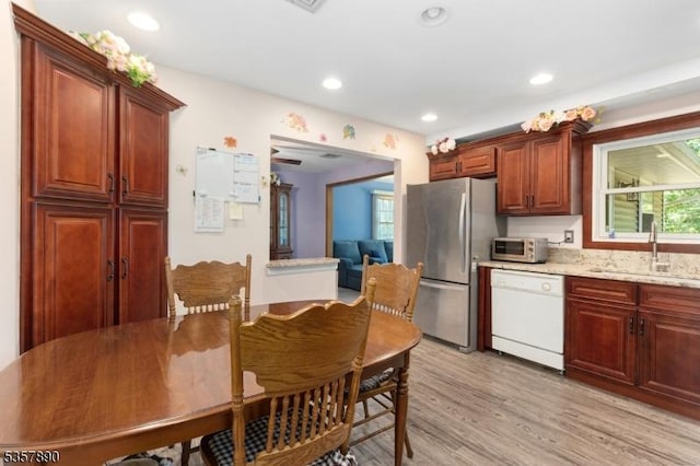 125 Annandale High Bridge Rd, Clinton Twp, NJ 08801 - kitchen with freestanding refrigerator, white dishwasher, a sink, light wood-style flooring, and recessed lighting