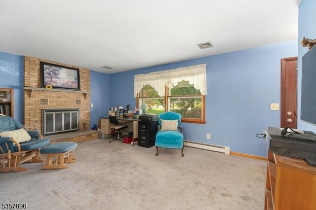 125 Annandale High Bridge Rd, Clinton Twp, NJ 08801 - living room with baseboard heating, carpet, and a brick fireplace