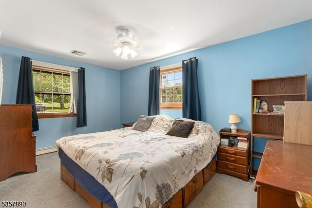 125 Annandale High Bridge Rd, Clinton Twp, NJ 08801 - bedroom featuring light colored carpet, multiple windows, a baseboard radiator, and a ceiling fan