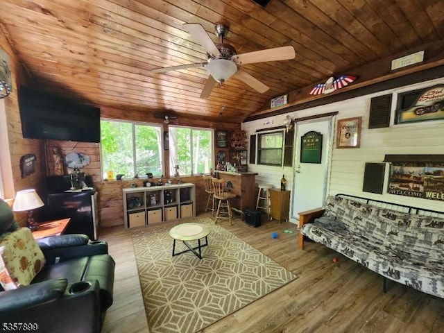 30 Hemlock Vlg, Vernon Twp, NJ 07461 - living area featuring wooden ceiling, a ceiling fan, wood finished floors, lofted ceiling, and wood walls