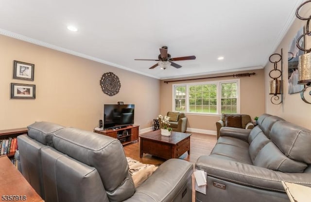 23 Drake Rd, Mendham Boro, NJ 07945 - living area featuring ceiling fan, crown molding, wood finished floors, baseboards, and recessed lighting