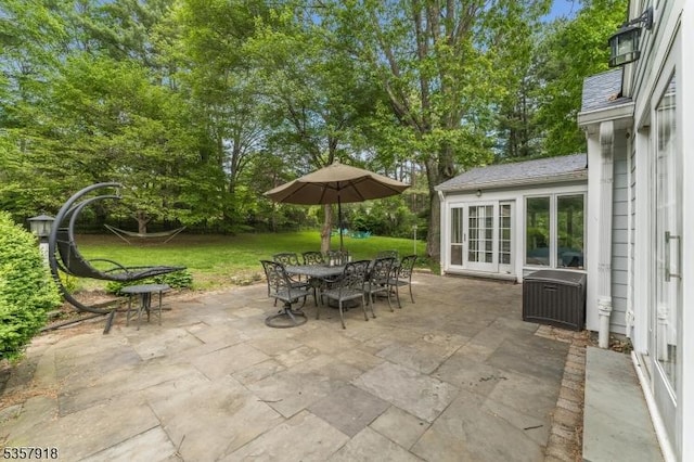 23 Drake Rd, Mendham Boro, NJ 07945 - view of patio featuring french doors and outdoor dining space