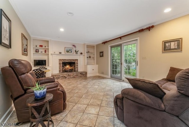 23 Drake Rd, Mendham Boro, NJ 07945 - living area with built in features, recessed lighting, a fireplace, baseboards, and crown molding