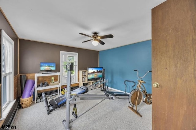 workout area with carpet flooring and a ceiling fan