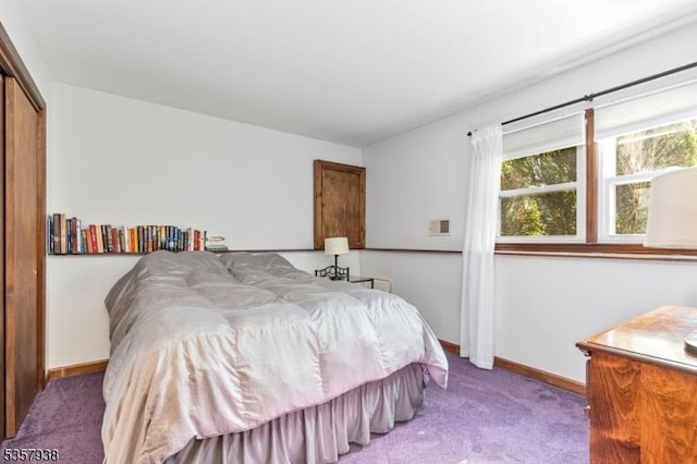 bedroom with carpet, baseboards, and a closet