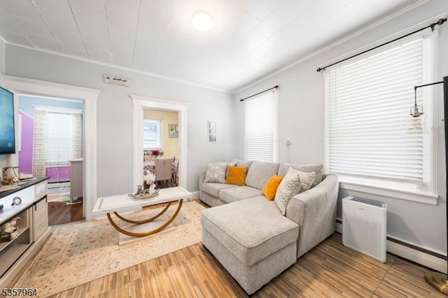 living room with a baseboard radiator, plenty of natural light, crown molding, and light wood finished floors