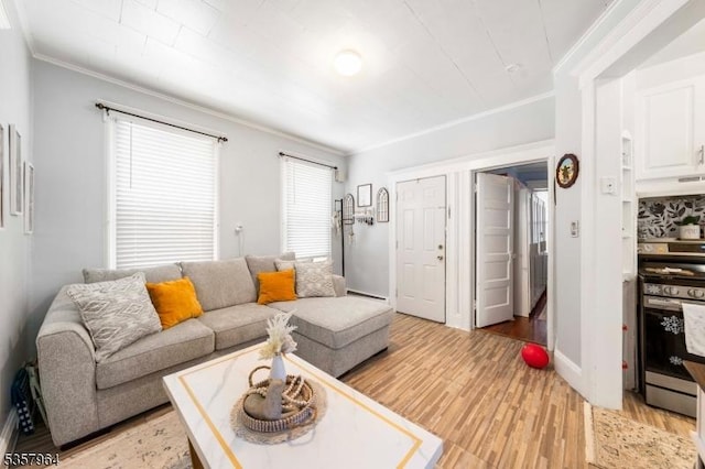 living room with ornamental molding, light wood-style floors, and baseboards