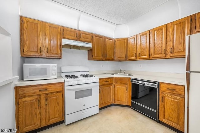 26 Fisher Dr Unit 2704, Franklin Twp, NJ 08823 - kitchen featuring under cabinet range hood, white appliances, a sink, brown cabinets, and a textured ceiling