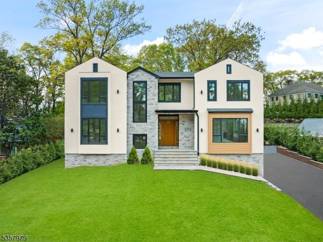370 Hartshorn Dr, Millburn Twp, NJ 07078 - modern home featuring a front yard, stone siding, and stucco siding