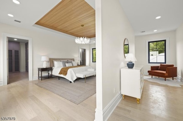 370 Hartshorn Dr, Millburn Twp, NJ 07078 - bedroom with light wood-style flooring, recessed lighting, baseboards, and wooden ceiling