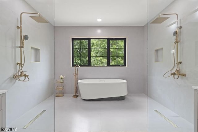 370 Hartshorn Dr, Millburn Twp, NJ 07078 - full bath featuring walk in shower, vanity, and a freestanding tub