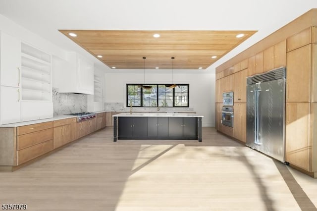 370 Hartshorn Dr, Millburn Twp, NJ 07078 - kitchen with stainless steel appliances, wooden ceiling, recessed lighting, light wood-type flooring, and light countertops