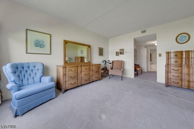 living area featuring carpet flooring, a textured ceiling, and vaulted ceiling