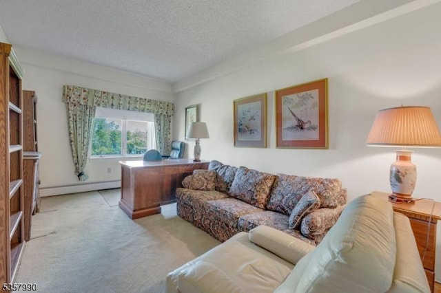 home office featuring a baseboard heating unit, light colored carpet, and a textured ceiling
