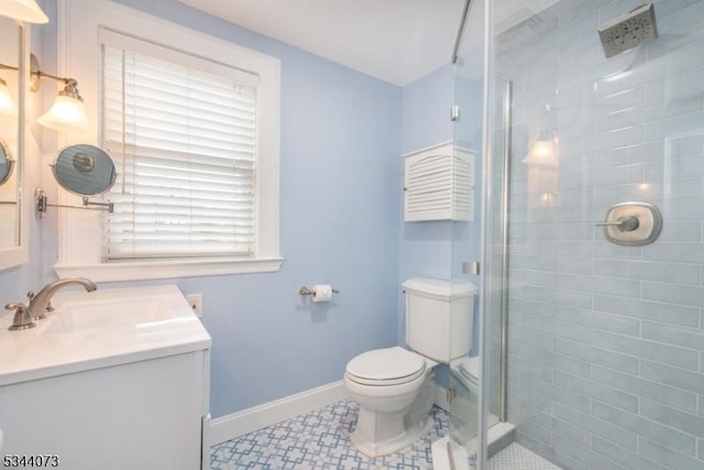 537 Summit Ave, Maplewood Twp, NJ 07040 - bathroom with a stall shower, toilet, baseboards, vanity, and tile patterned floors