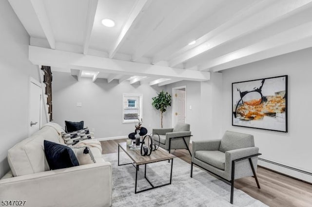 1218 Kline Pl, Rahway City, NJ 07065 - living area with beam ceiling, light wood finished floors, a baseboard radiator, recessed lighting, and baseboards