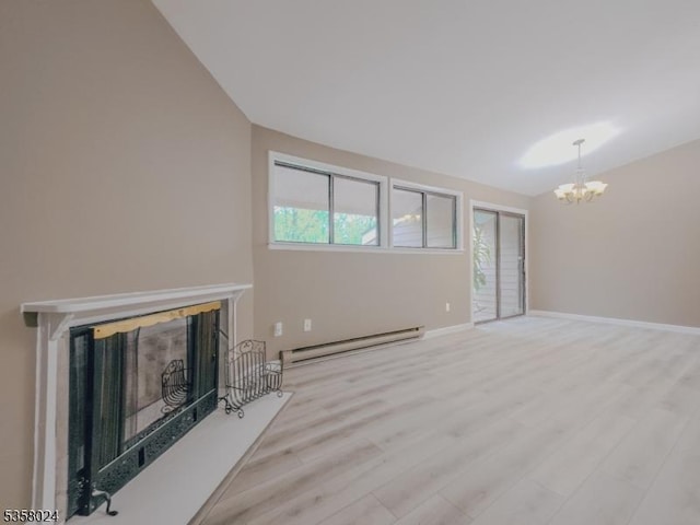 unfurnished living room with a baseboard radiator, a chandelier, wood finished floors, a fireplace with flush hearth, and baseboards