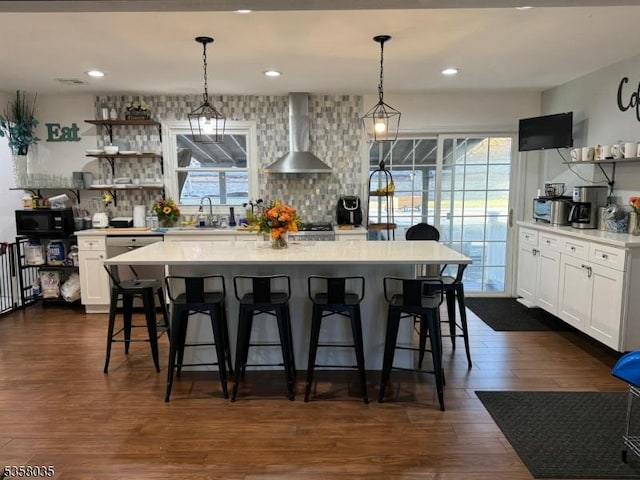 64 Dater St, North Haledon Boro, NJ 07508 - kitchen with wall chimney range hood, open shelves, light countertops, decorative backsplash, and recessed lighting