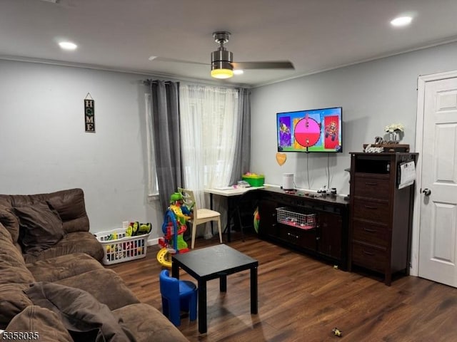64 Dater St, North Haledon Boro, NJ 07508 - living room featuring dark wood-type flooring, ceiling fan, and recessed lighting