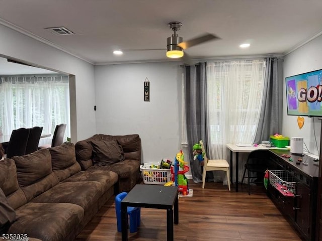64 Dater St, North Haledon Boro, NJ 07508 - living area with ornamental molding, wood finished floors, recessed lighting, and ceiling fan