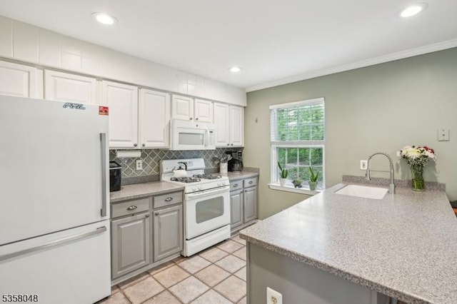121 Wingate Dr, Independence Twp, NJ 07840 - kitchen with white appliances, a sink, decorative backsplash, gray cabinetry, and light countertops