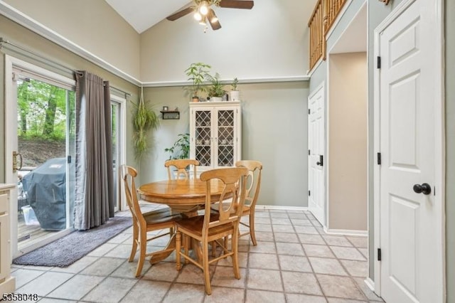 121 Wingate Dr, Independence Twp, NJ 07840 - dining area featuring high vaulted ceiling, ceiling fan, and baseboards