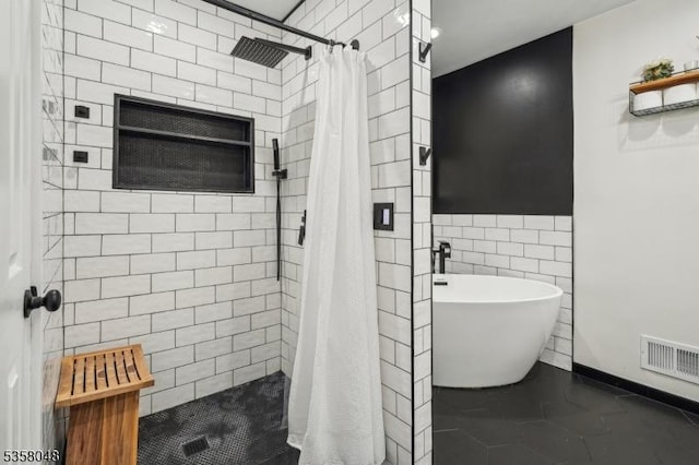 121 Wingate Dr, Independence Twp, NJ 07840 - full bathroom featuring a stall shower, tile walls, and a soaking tub