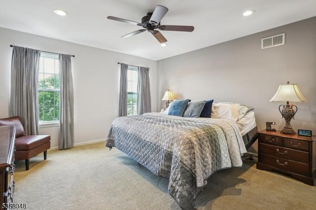 121 Wingate Dr, Independence Twp, NJ 07840 - bedroom with multiple windows, light carpet, baseboards, recessed lighting, and ceiling fan