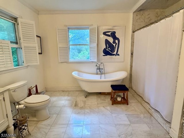 208 Rockaway St, Boonton Town, NJ 07005 - full bath featuring marble finish flooring, toilet, crown molding, vanity, and a freestanding bath