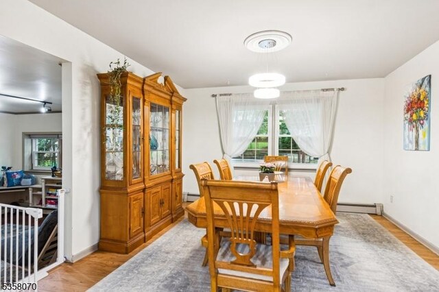 95 Union Ave, Edison Twp, NJ 08820 - dining room with light wood-type flooring, baseboard heating, a baseboard heating unit, and baseboards