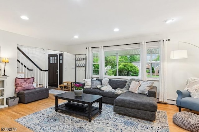 95 Union Ave, Edison Twp, NJ 08820 - living room featuring stairs, wood finished floors, recessed lighting, and baseboard heating